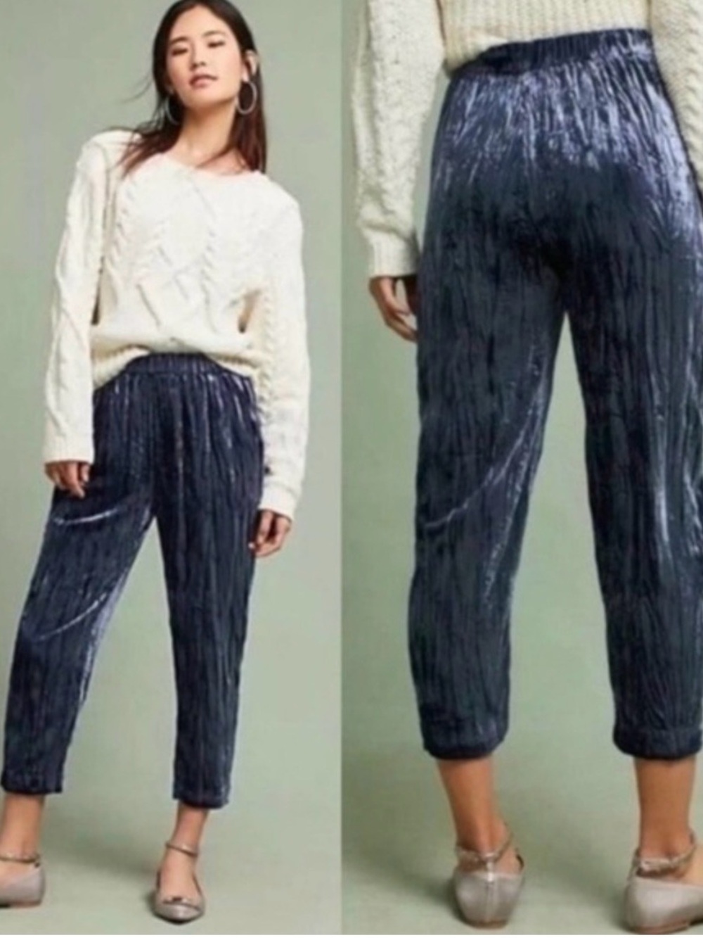 Étienne by Anthropologie Crushed Velvet Pants XS Silver Navy
